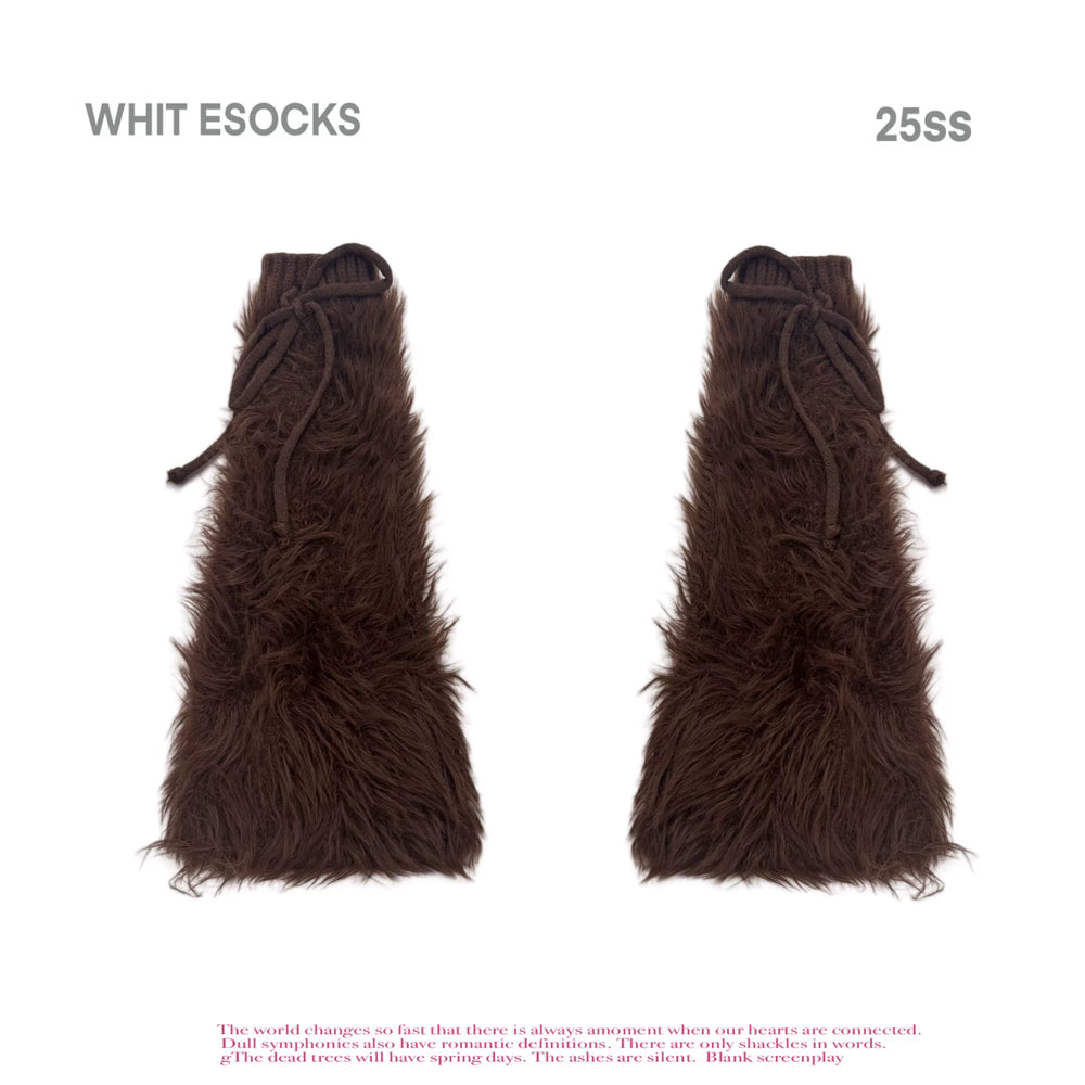 Shaggy black and cream mid-calf leg warmers with tie details shown with skirts and shoes.