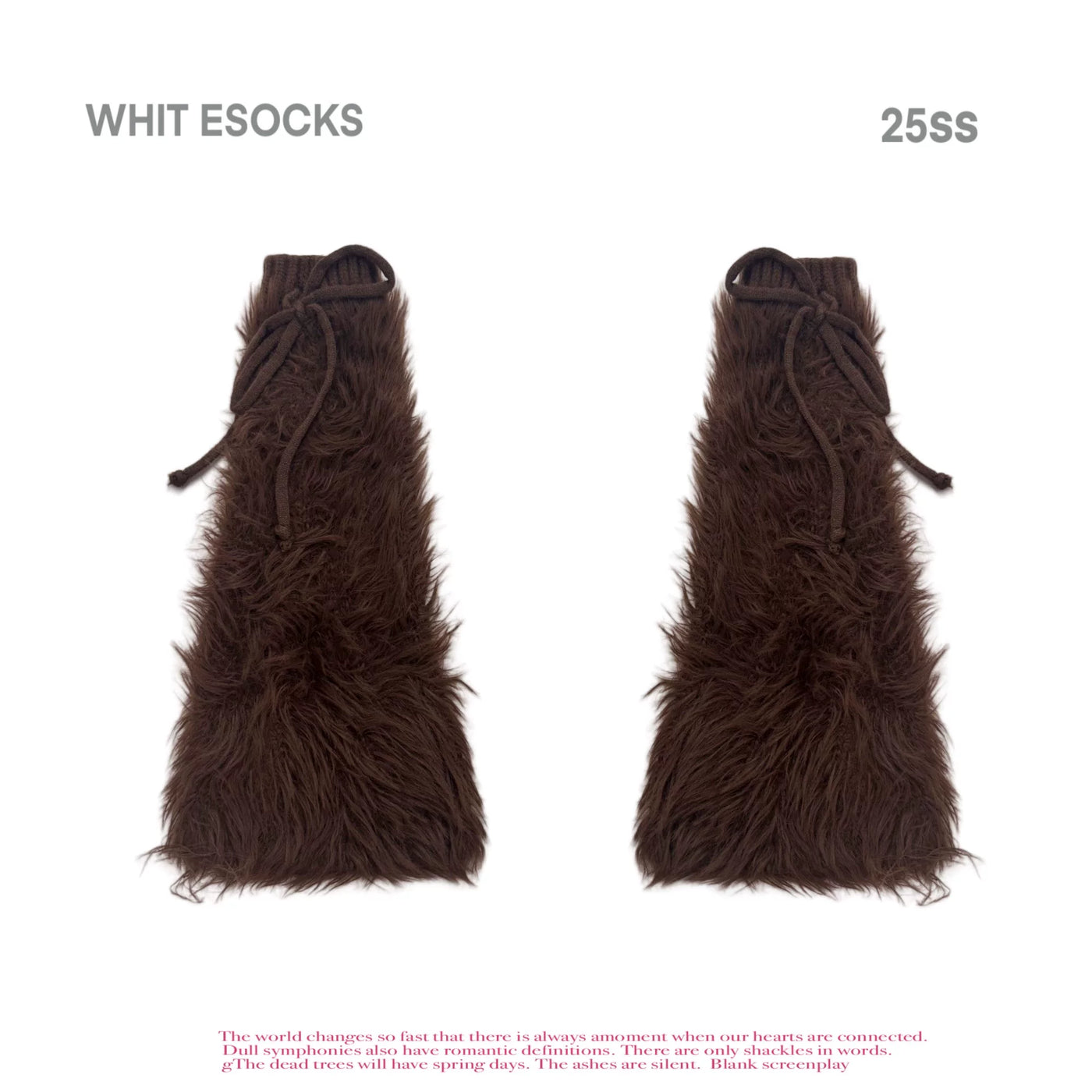 Shaggy black and cream mid-calf leg warmers with tie details shown with skirts and shoes.