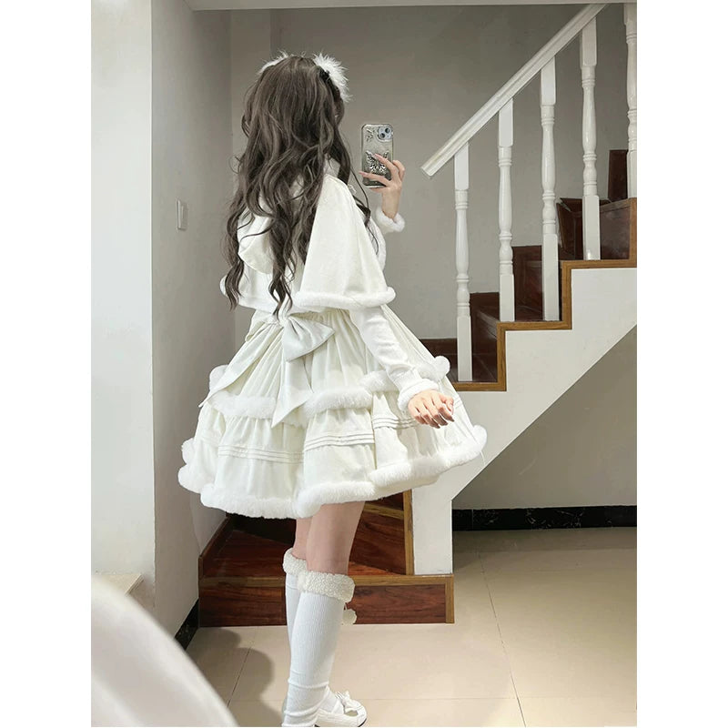 Creamy - Winter Japanese Heiress - Cape, Top & Dress Set with Fluffy Trim