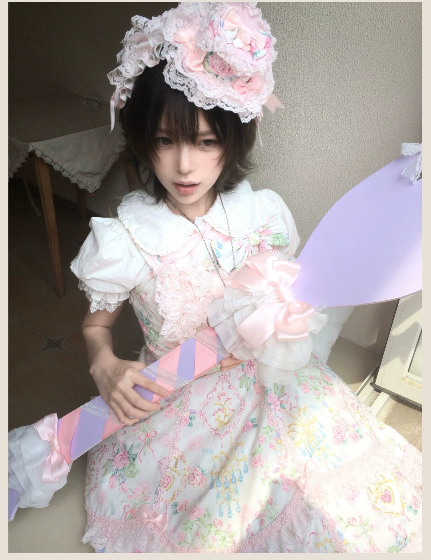 Tata Long Ear - Spring 2025 Floral Wall - Floral Print JSK Dress with Layered Lace Ruffles