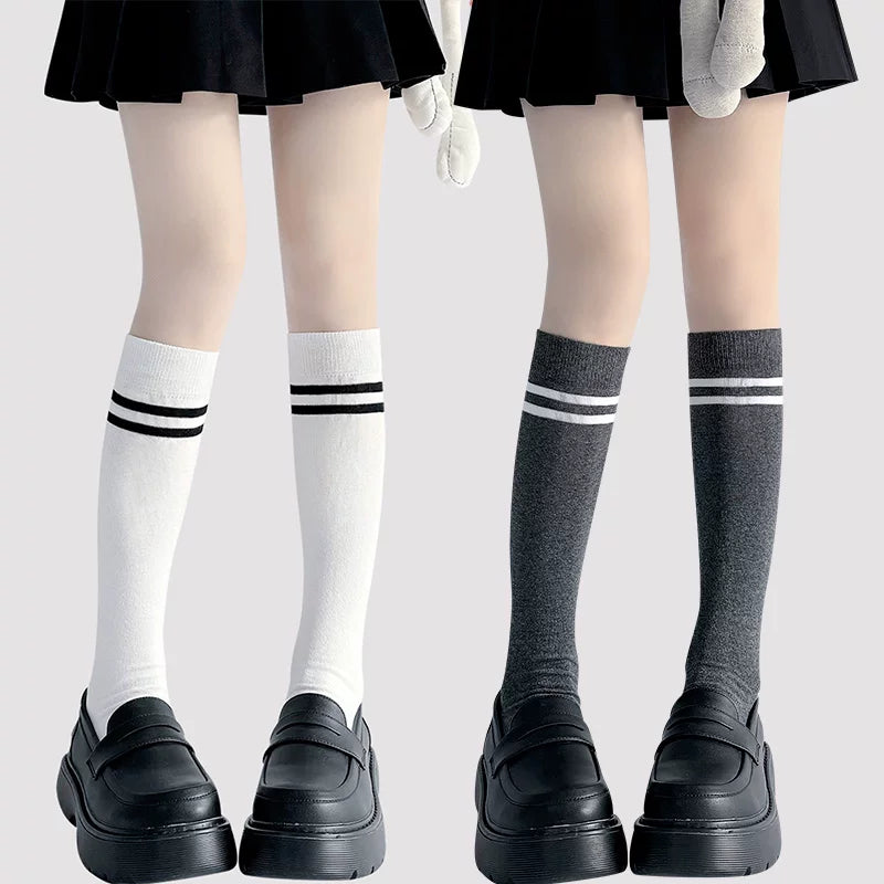 Floral Milk Cat - School Stripe - Cotton Knee Socks with Two Stripes
