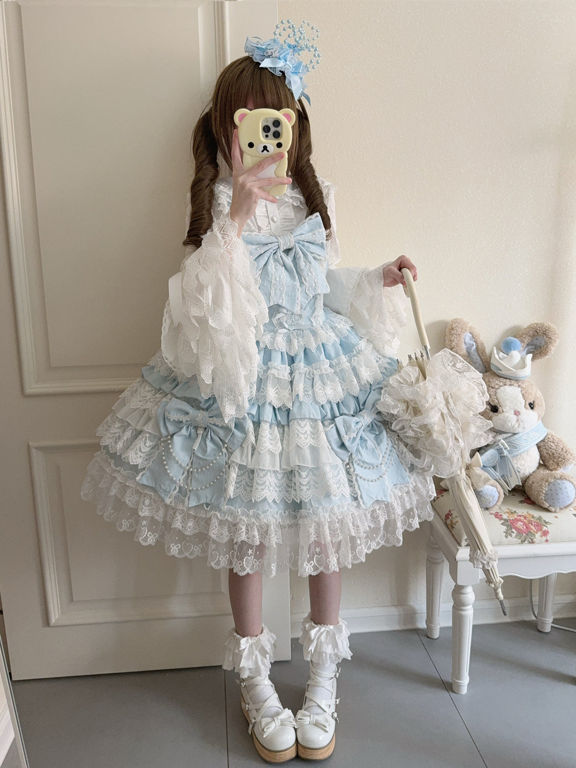 Hanguliang - Cross Heart Knot - Sweet Lolita JSK Suit Tiered Ruffles Dress, Lace Blouse