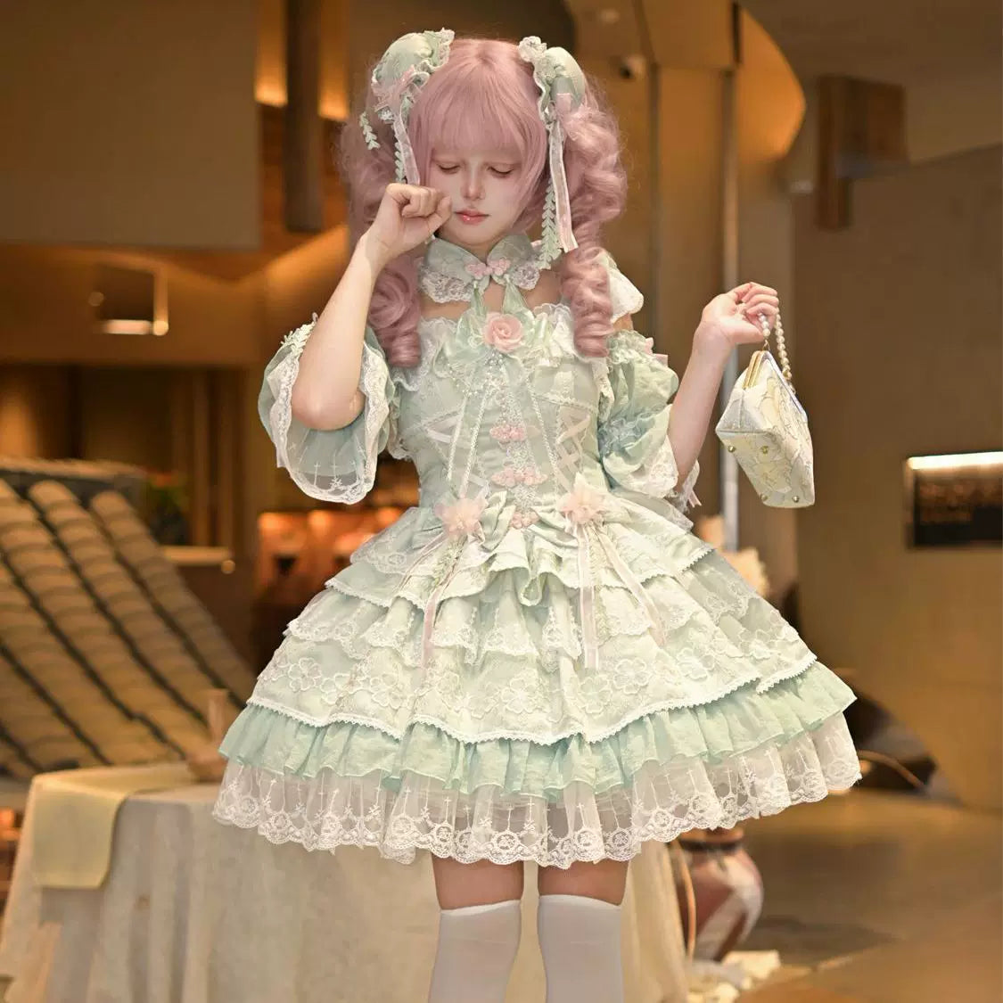 Lady Han Peach Rain Chinese Sweet JSK dress by Lolita Fetch, featuring pastel peach fabric and intricate lace details.