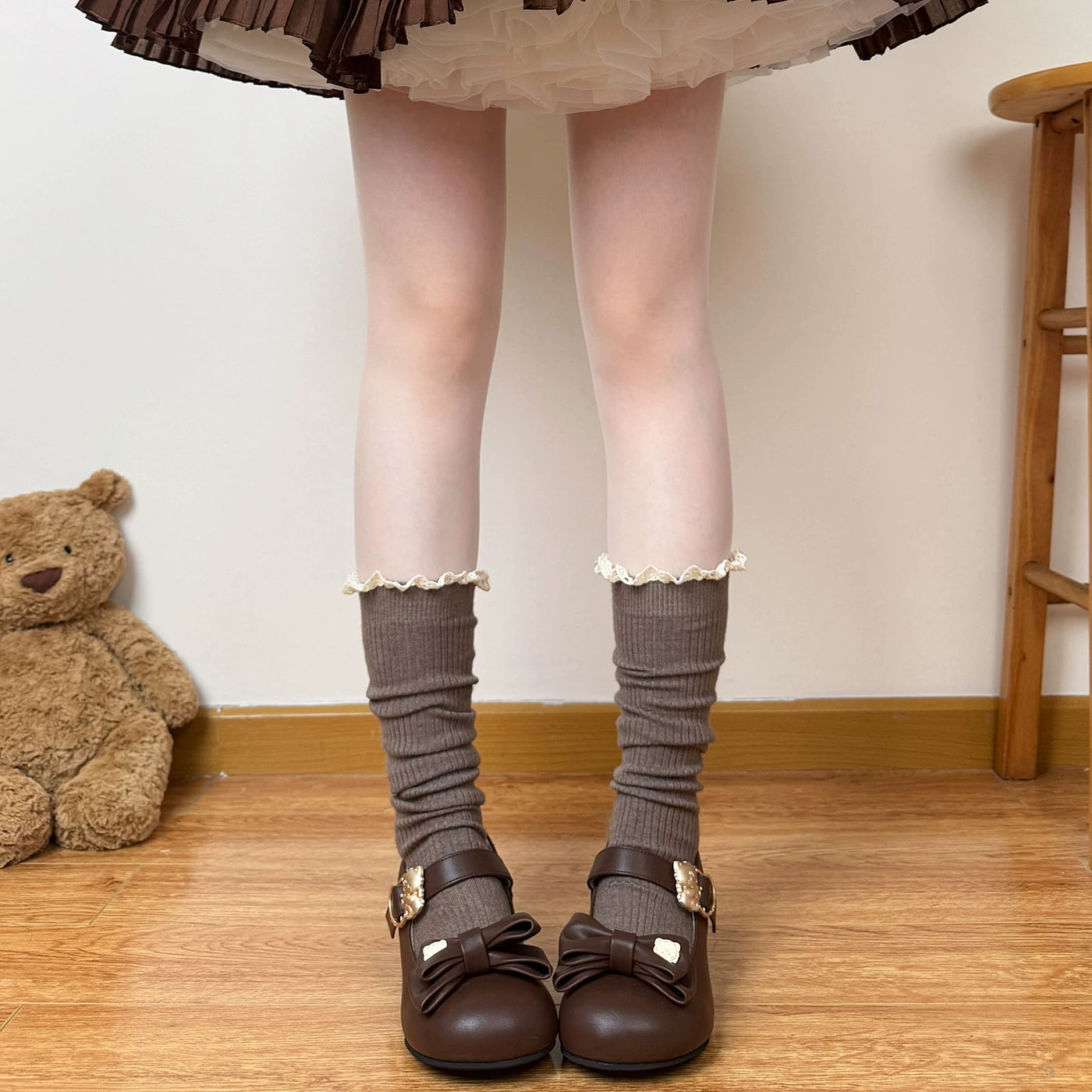 Chubby Bear Tales - Caramel Cocoa Slouch - Lace-Trimmed Slouch Calf Socks