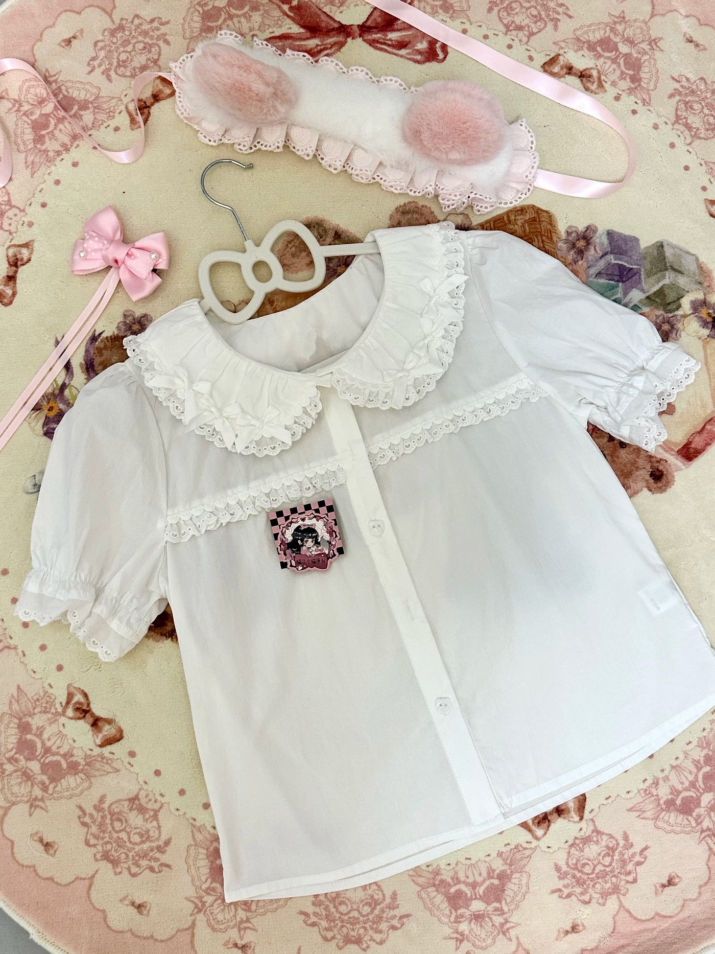 doll sweet lolita pure cotton short-sleeve blouse with Peter Pan collar and lace trim
