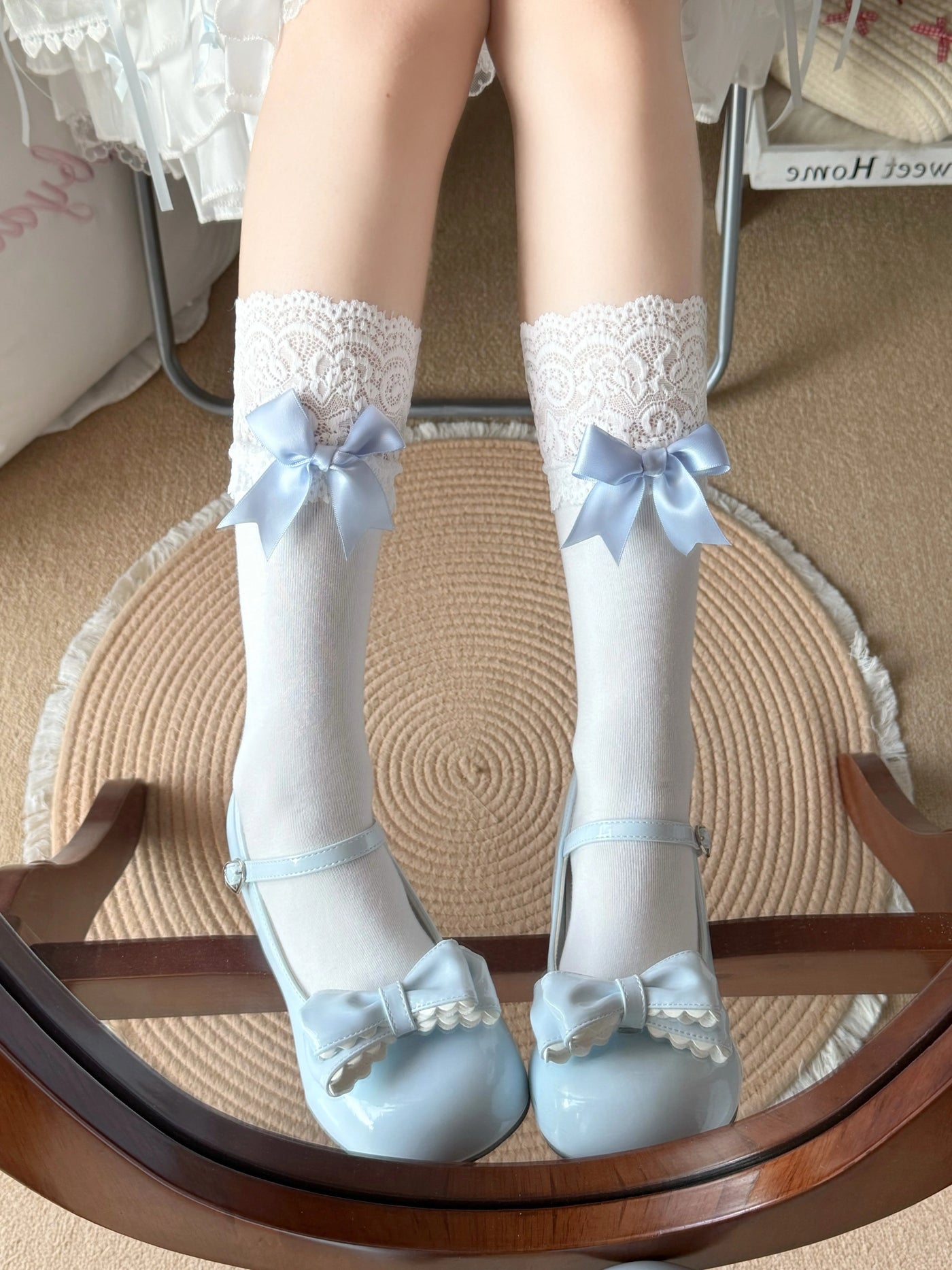 Fantasy Doll - Sweet Ribbon Lace - Cotton Mid-Calf Socks with Bow Detail
