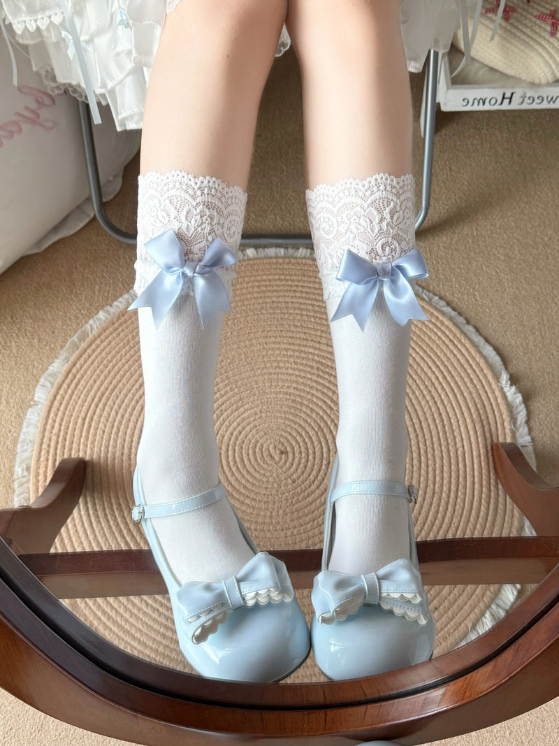 Fantasy Doll - Sweet Ribbon Lace - Cotton Mid-Calf Socks with Bow Detail