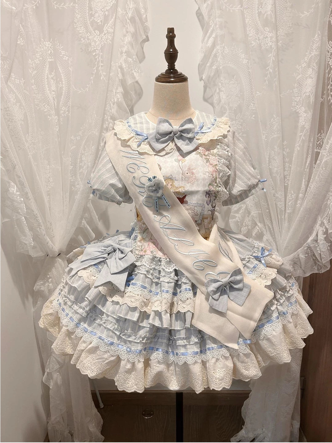 Creamy - Water-blue Doll Lolita - OP dress with sash, chest panel, and train