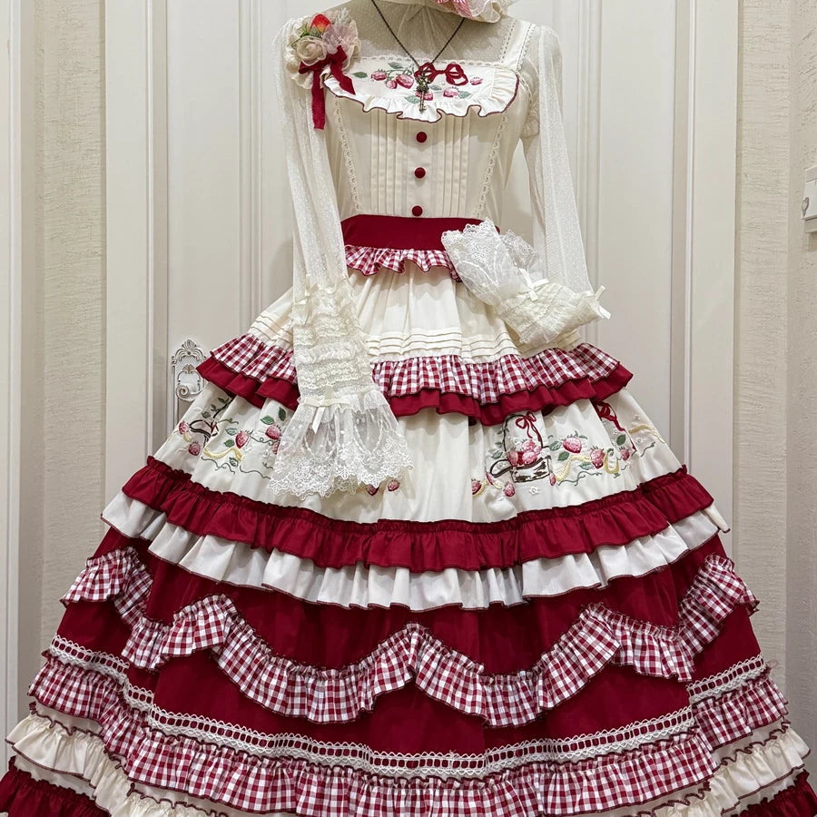 Lady Han Strawberry Basket Sweet JSK Dress by Lolita Fetch, featuring a pink dress with strawberry print and lace details.