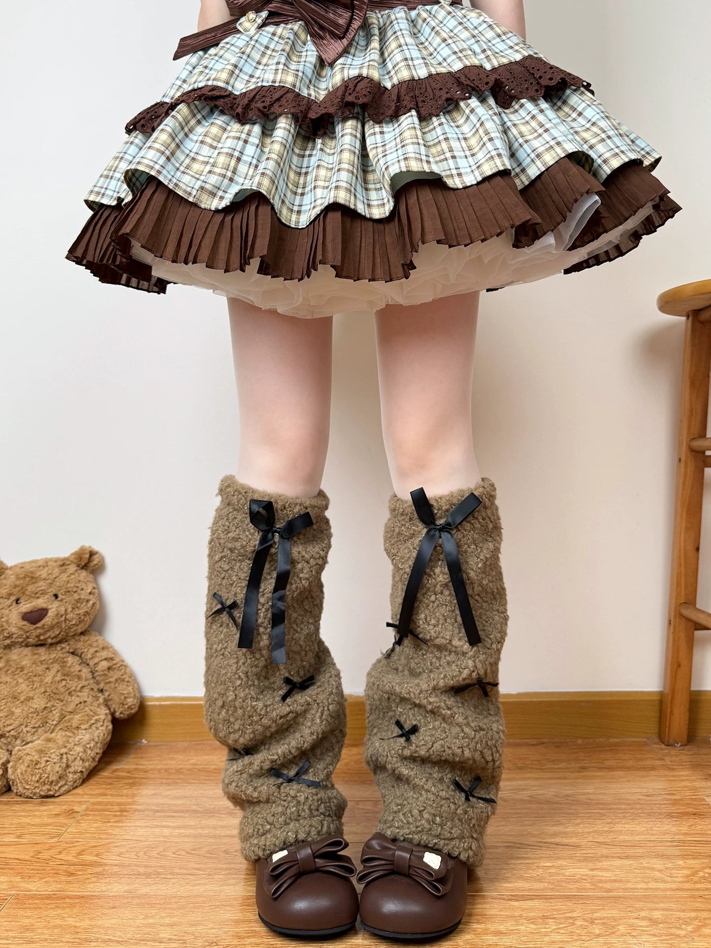 Chubby Bear Tales - Japanese Sweet - Plush Leg Warmers with Bow Ribbons