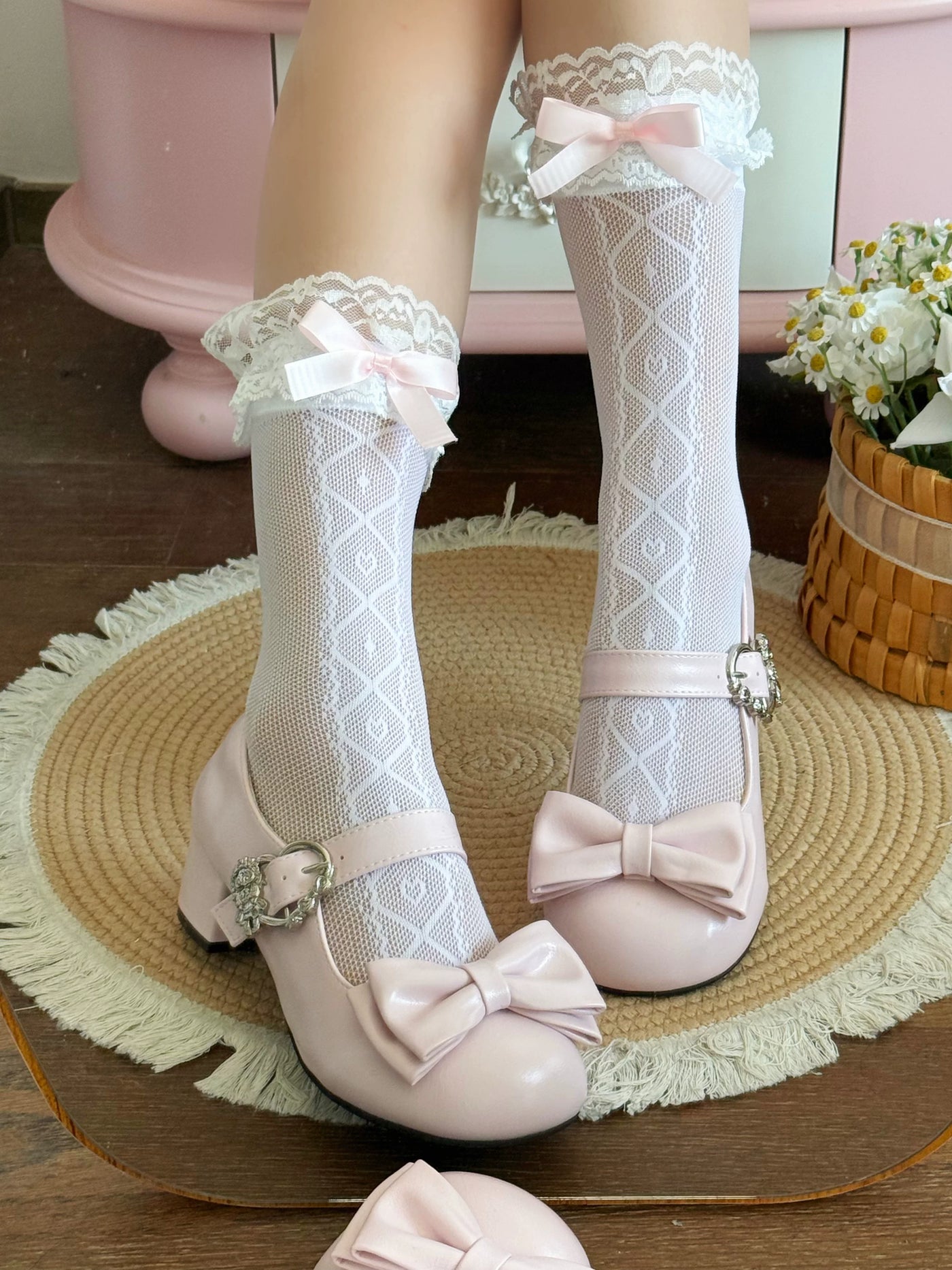 Fantasy Doll - Diamond Lace - Mid-Calf Socks with Lace Cuffs