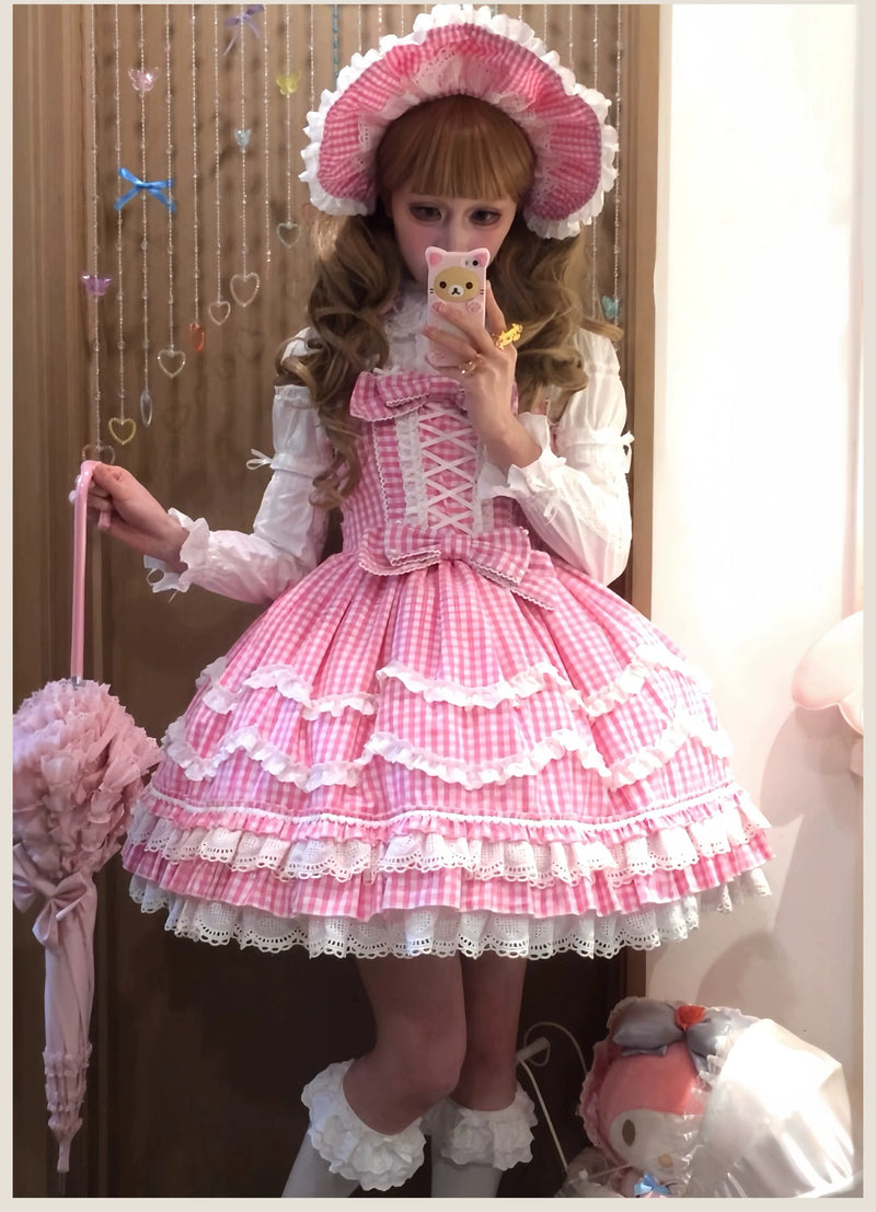 TaTaTa Lolita - Plaid Baileys - Pink Gingham JSK Dress with Petal Ruffles - product detail 3
