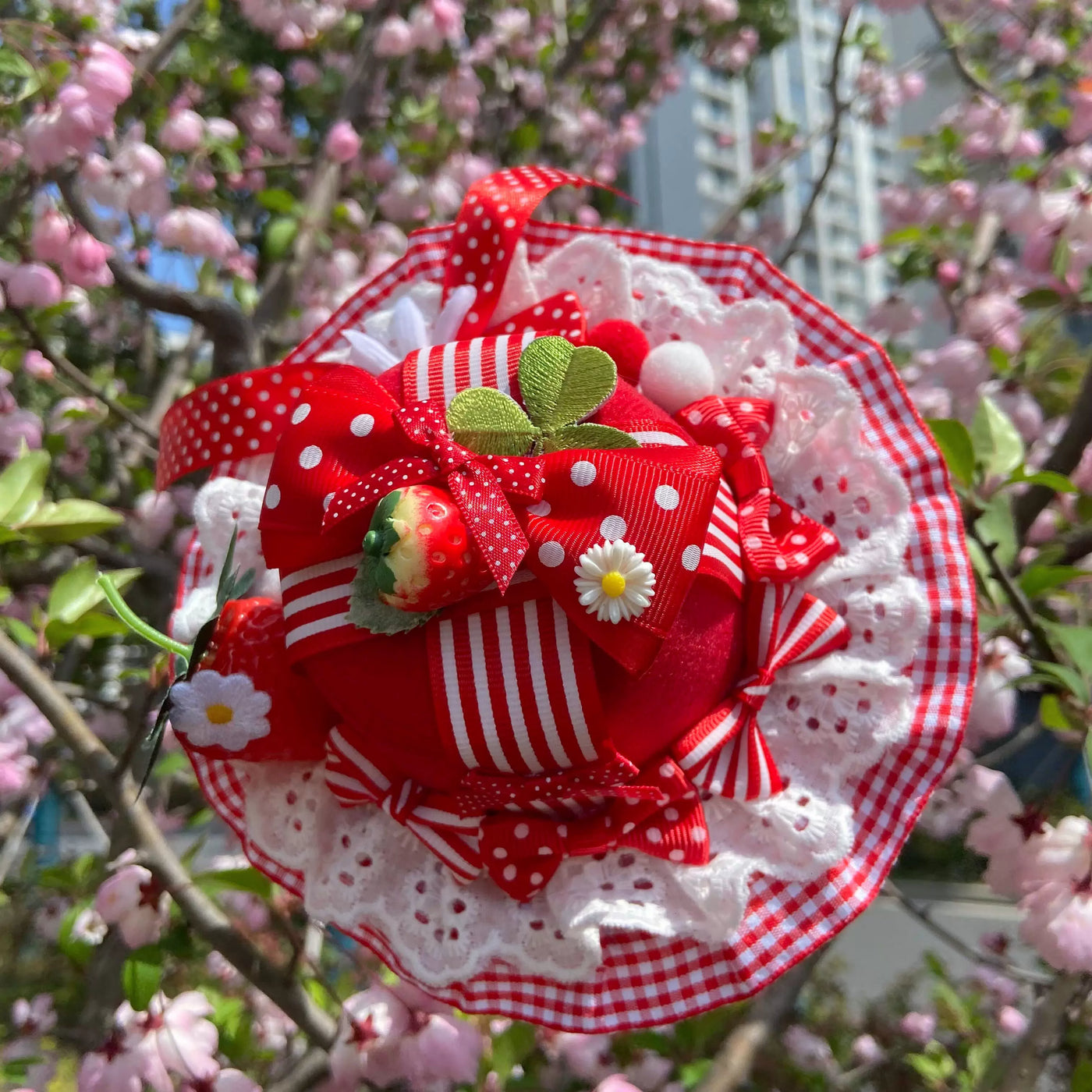 Bear doll - Strawberry Series - Strawberry Top Hat or Side Hair Clip with Layered Bows