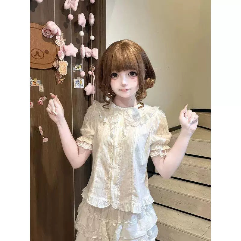 Sweetheart Dream Machine - Spring Dessert - Short-Sleeve Inner Blouse with Lace Trim