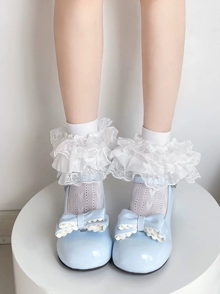 Fantasy Doll - Three-Layer Lace - White mid-calf socks with bow or heart details