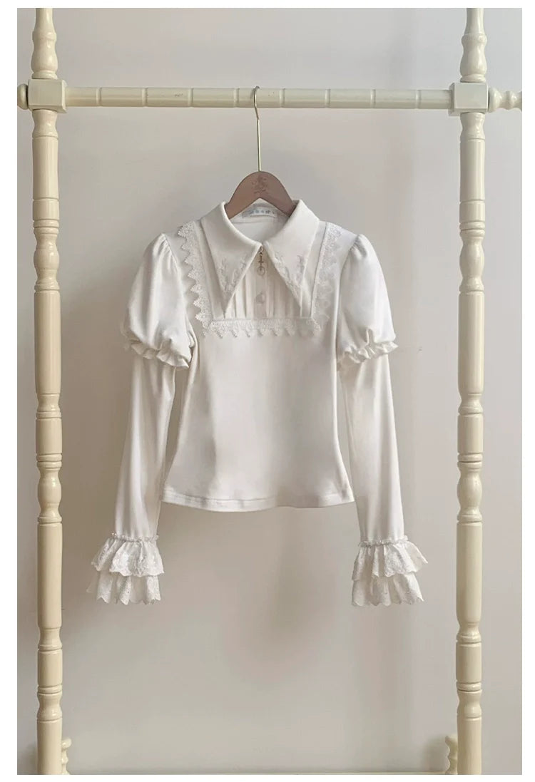 With PUJI - The Vow - Solid Lolita Sweater, Juliet Sleeve, Pointed Collar White S