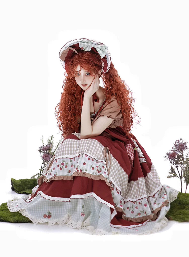 Baozi Pig - Cherry Pastoral - Red OP Dress with Cherry Print