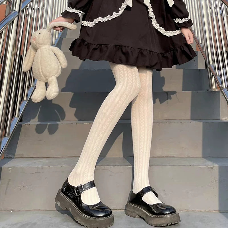Floral Milk Cat milky-white textured tights with a cable-knit motif