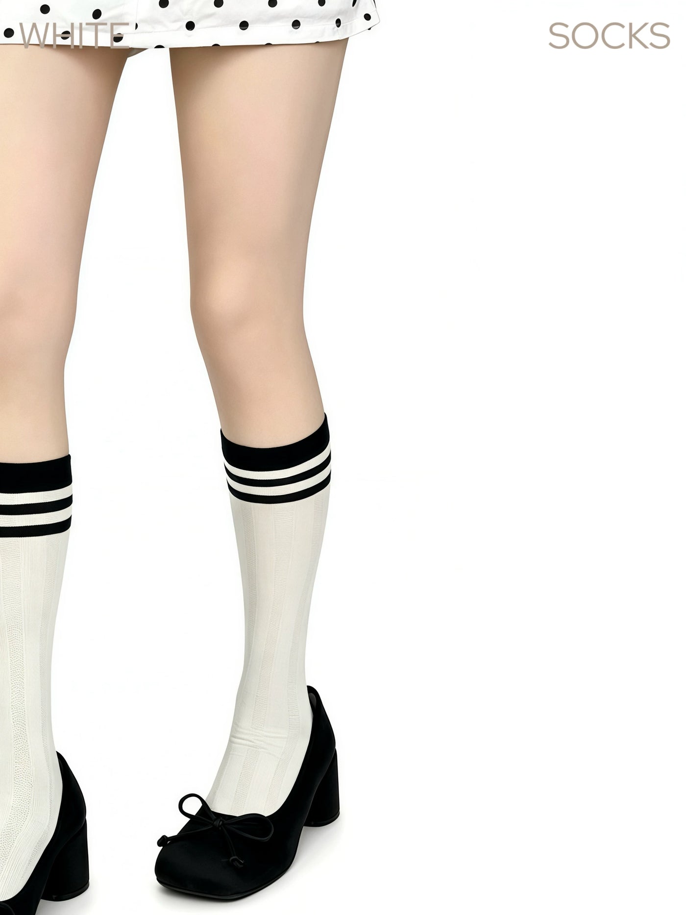 White Socks - Contrast Trim - Mid-Calf Socks with Black Bow Trim