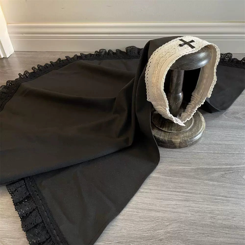Sweetheart Dream Machine black bonnet with lace trim and a cross-motif front band.