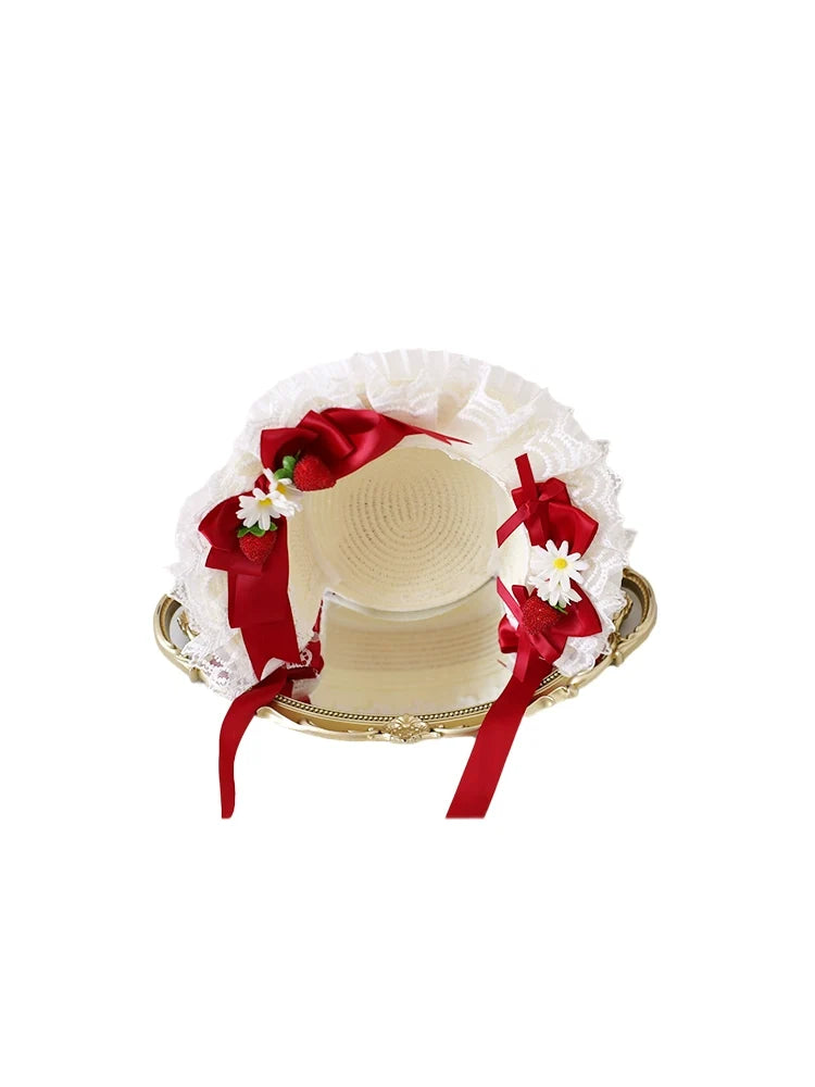 Xiaogui - Sweet Lolita Hat Strawberry Bonnet - with Lace and Bow Headwear