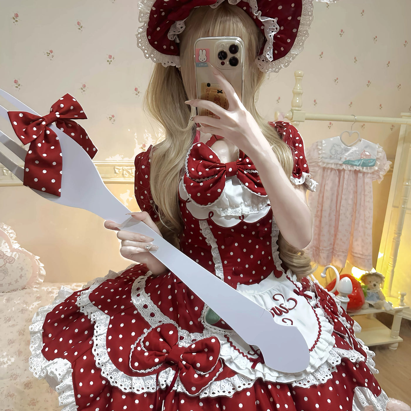 Close-up of white strawberry polka dot print on red lolita dress fabric