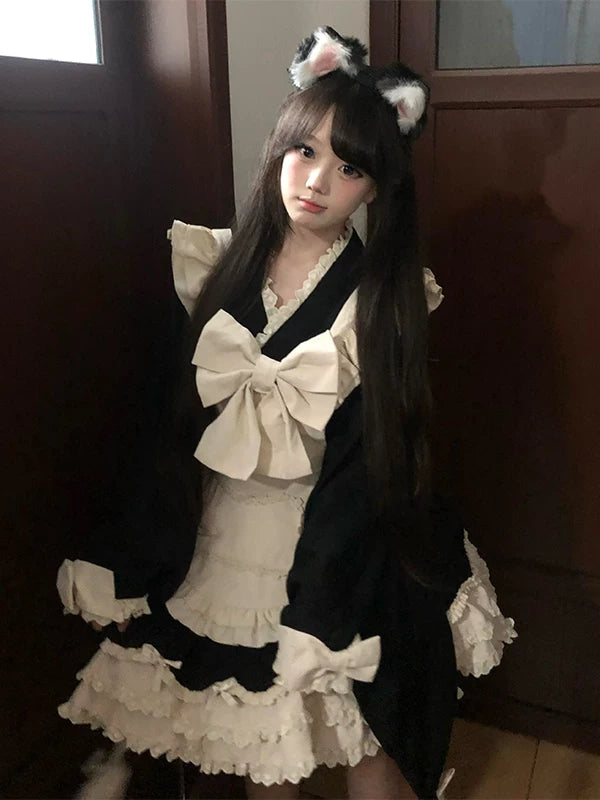 Creamy - Maid Bow - Bow-Trim OP Dress with Apron