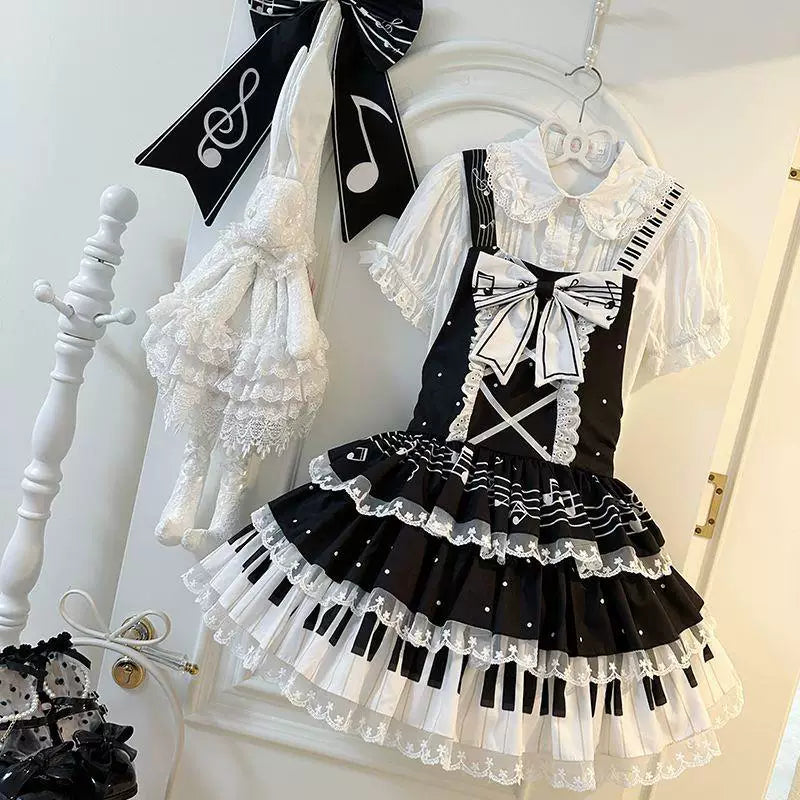 Sweetheart Dream Machine - Vintage Music - Black-and-White JSK Dress with Piano-Key Bands
