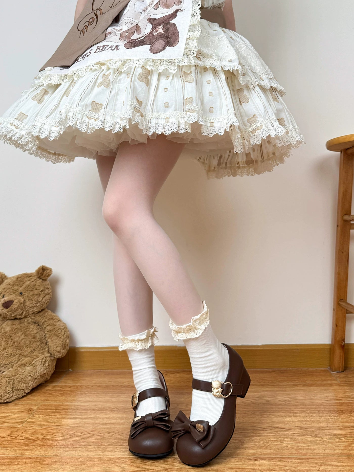 Chubby Bear Tales - Antique Doll Lace - Mid-calf socks with ruffled lace cuffs