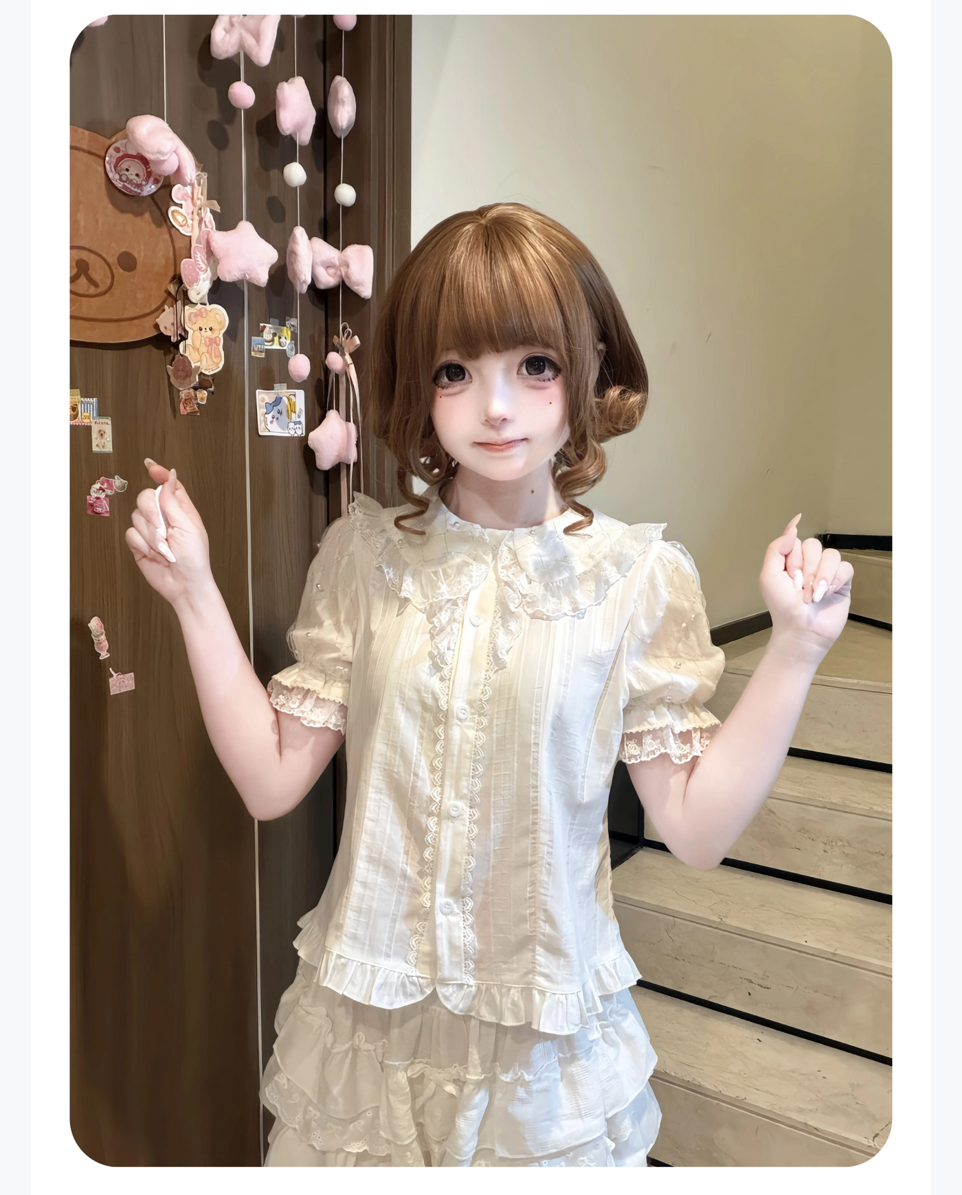 Jelly Girl - Spring Dessert - Pure Cotton Short-Sleeve Inner Blouse with Ruffle Trim