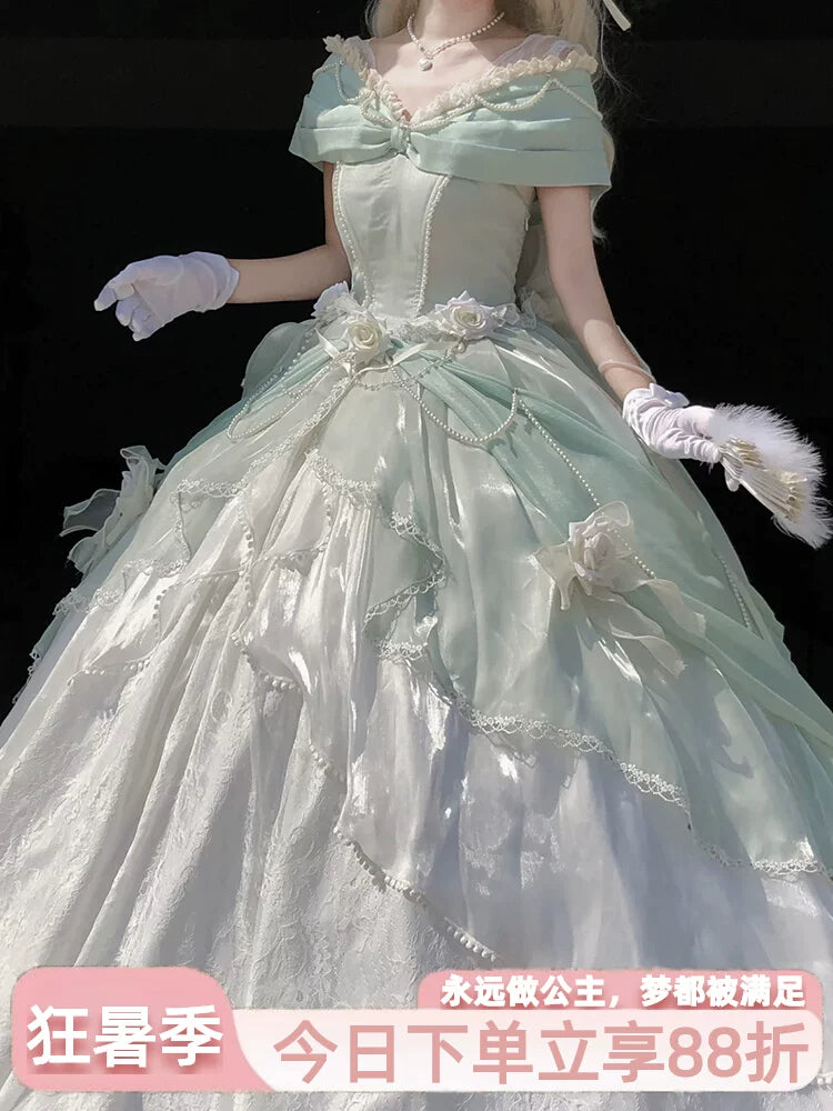 Flora Muse Rose Encounter Lolita OP dress in long mint green, off-shoulder neckline with pearl and 3D rose embellishments, layered tulle skirt