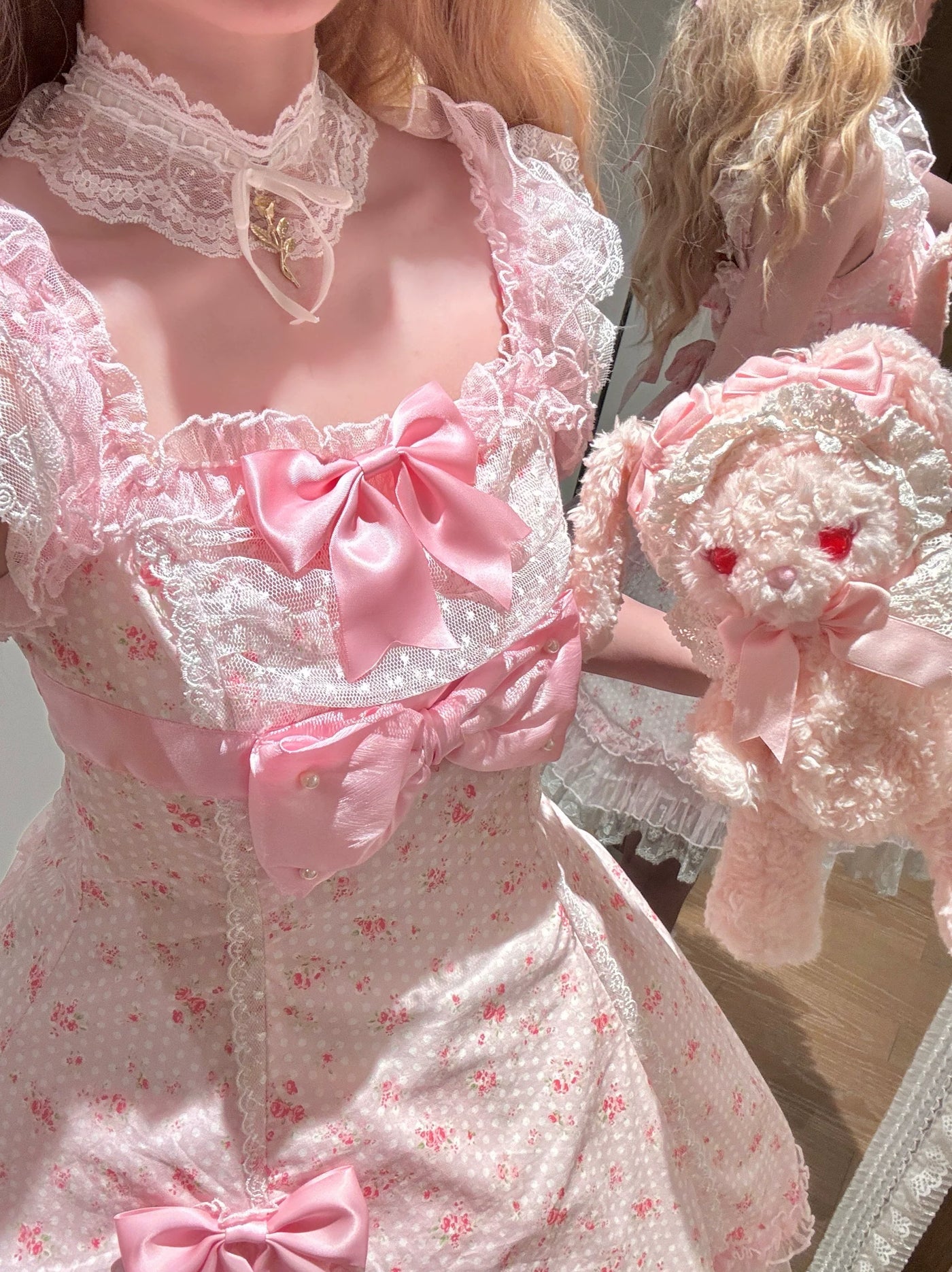 Strawberry Sweetie Bear - Spring Bud - Old School Lolita Floral Print JSK Dress, Layered Skirt
