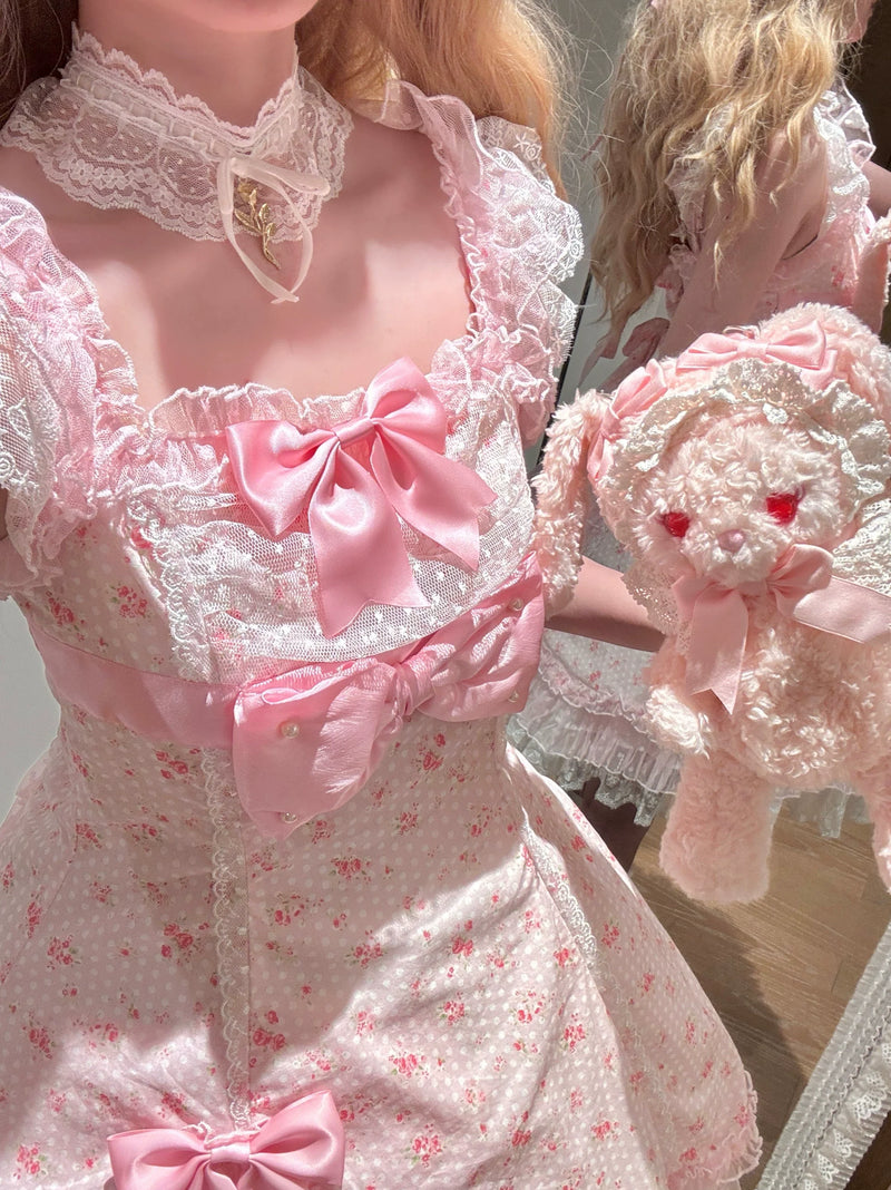 Strawberry Sweetie Bear - Spring Bud - Old School Lolita Floral Print JSK Dress, Layered Skirt