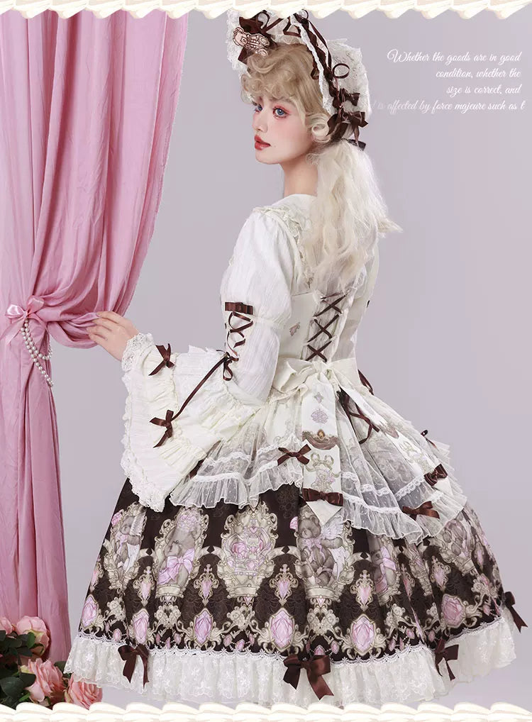 OCELOT - Antique Teddy Bear - Classic Lolita Printed JSK Dress with Ribbon Bows