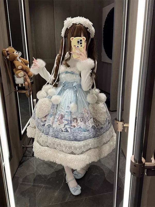 Creamy - Winter Princess - Fluffy Trim JSK Dress Set with Headband and Arm Sleeves