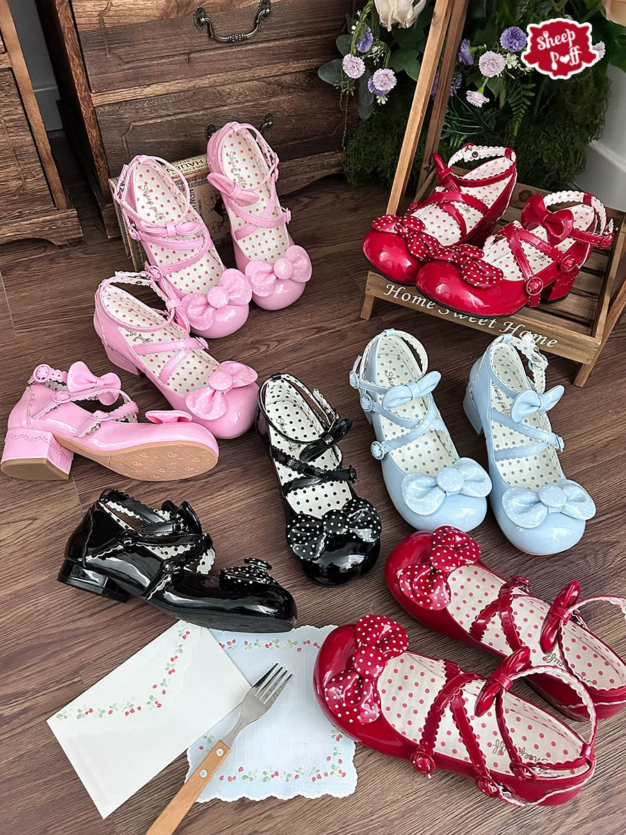 Sheep Puff vintage polka dot Lolita shoes with mid-low heel, featuring a charming sheep puff detail and classic design.