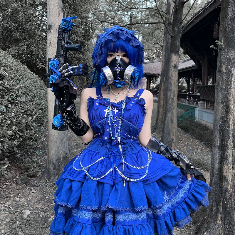 Elegant black Gothic Lolita JSK dress featuring leopard and cat contract cross design by Lolita Fetch.