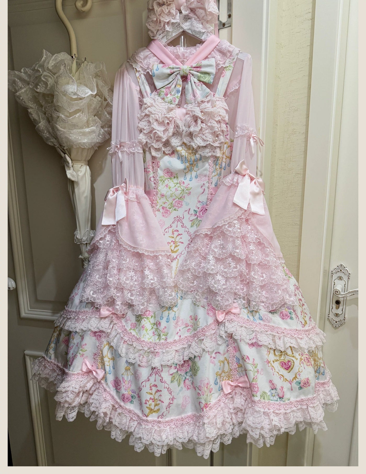 Tata Long Ear - Spring 2025 Floral Wall - Floral Print JSK Dress with Layered Lace Ruffles