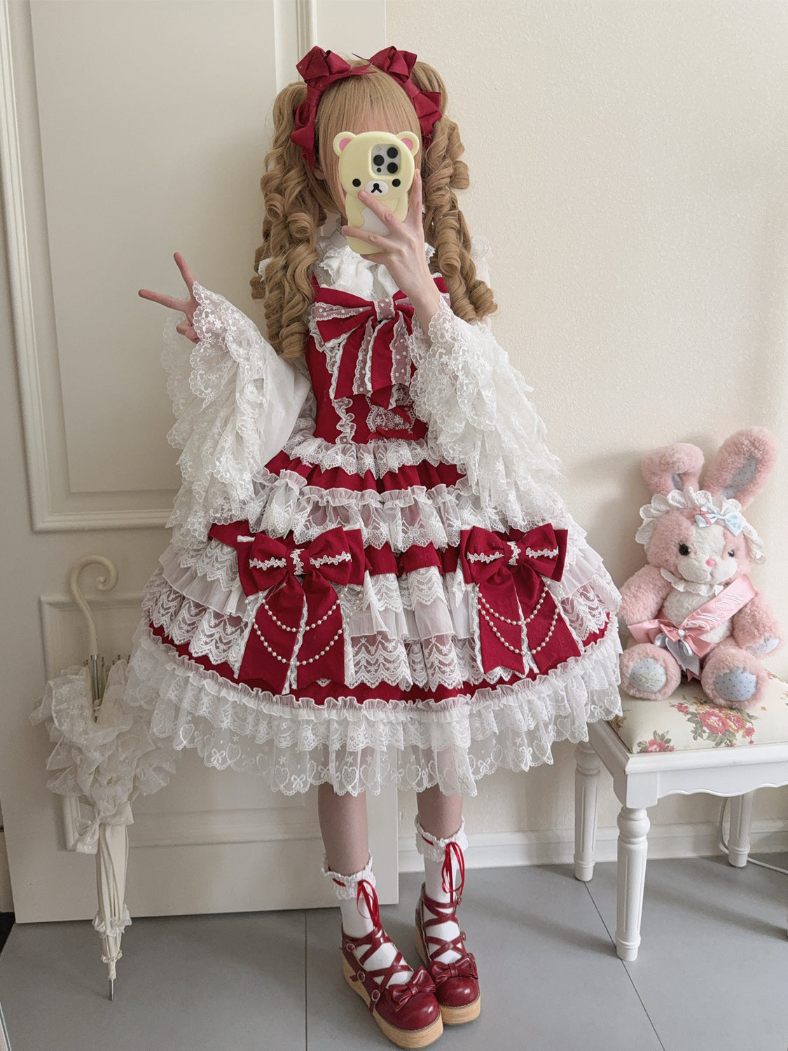 Hanguliang - Cross Heart Knot - Sweet Lolita JSK Suit Tiered Ruffles Dress, Lace Blouse
