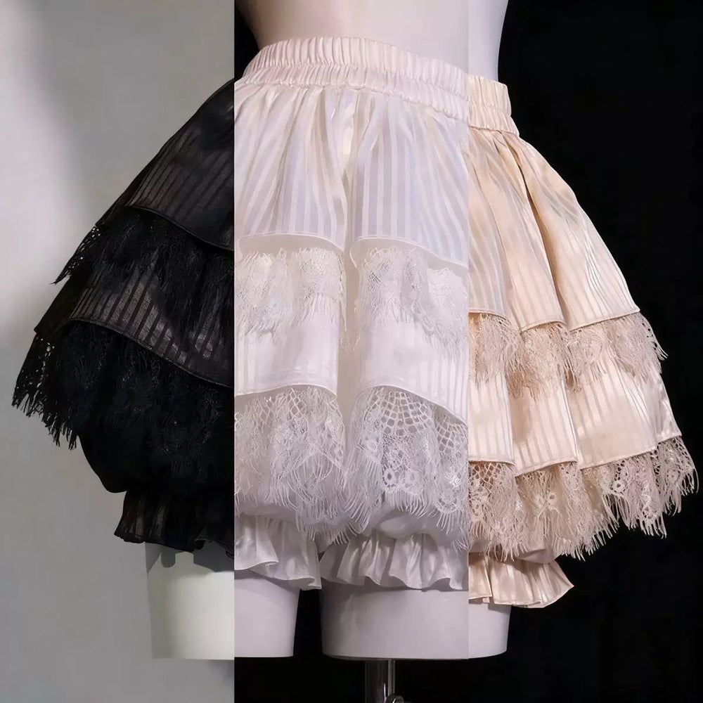 Champagne striped satin petticoat shorts with lace tiers displayed on a mannequin.