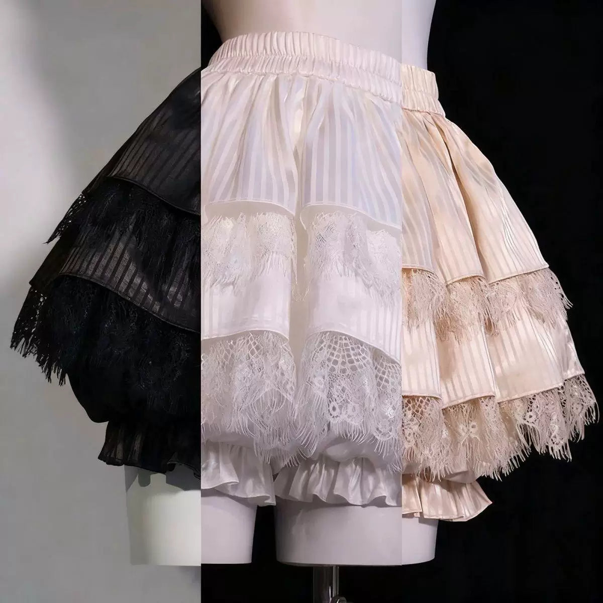 Champagne striped satin petticoat shorts with lace tiers displayed on a mannequin.