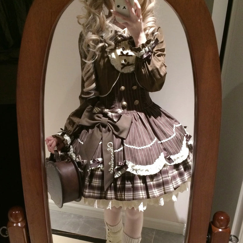 Brown plaid-trim Lolita OP dress, full worn front view