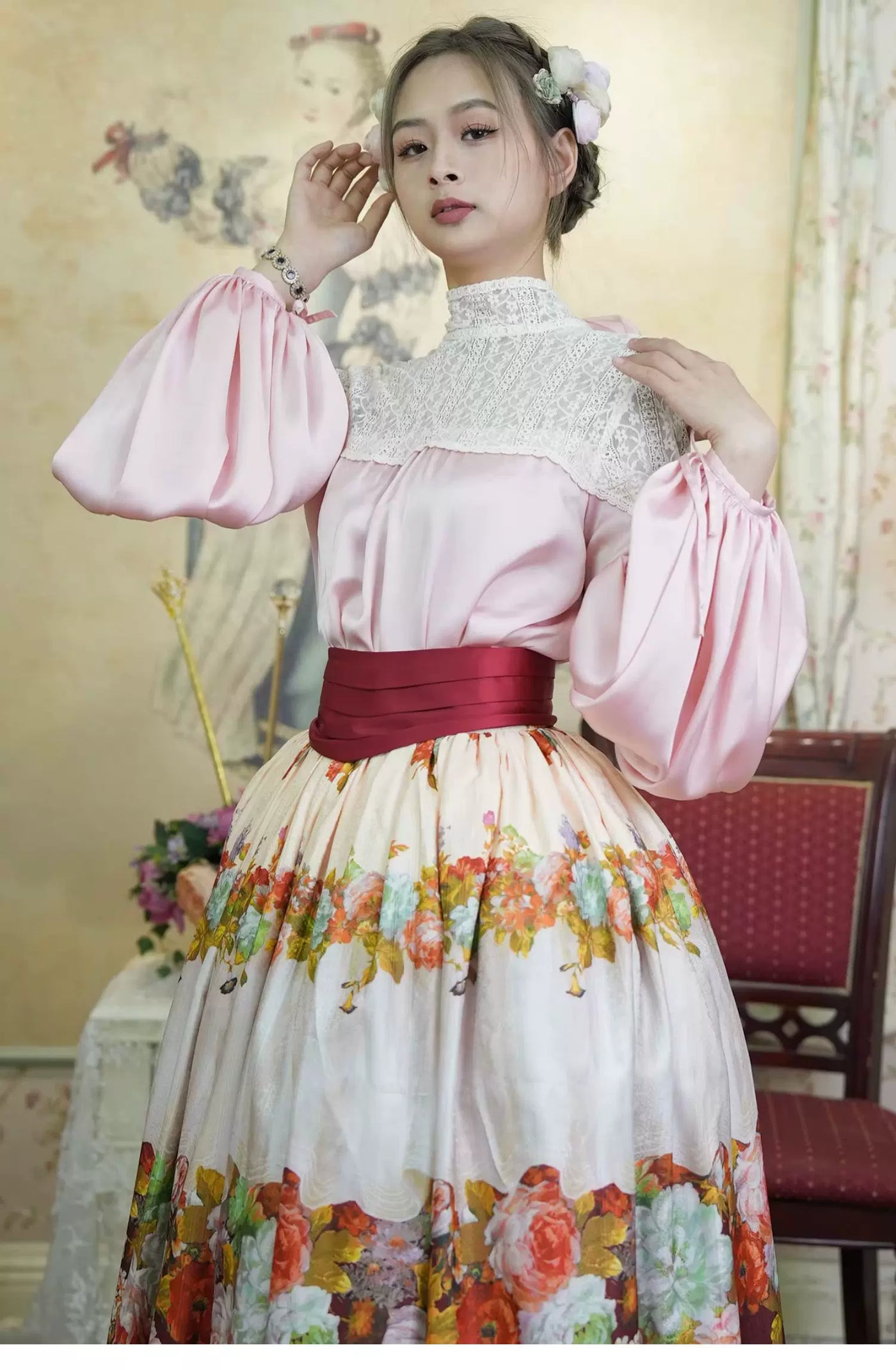 LACE GARDEN - Rainy Season Garden - Blouse and Full Skirt Set with Lace Yoke