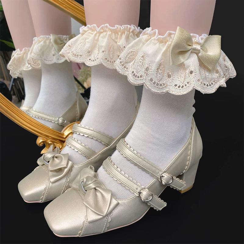 Sock Noble - Baroque Butterfly - Cotton Short Socks with Champagne-Gold Lace Trim