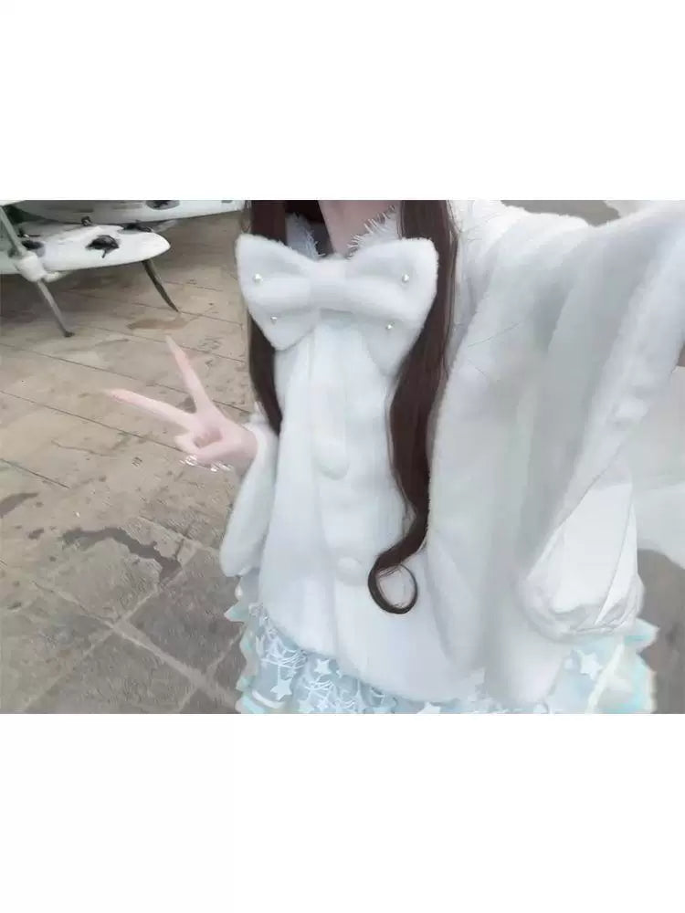Sweetheart Dream Machine - Snow Rabbit - Cotton-Padded Off-White Cape Coat with Rabbit Ears