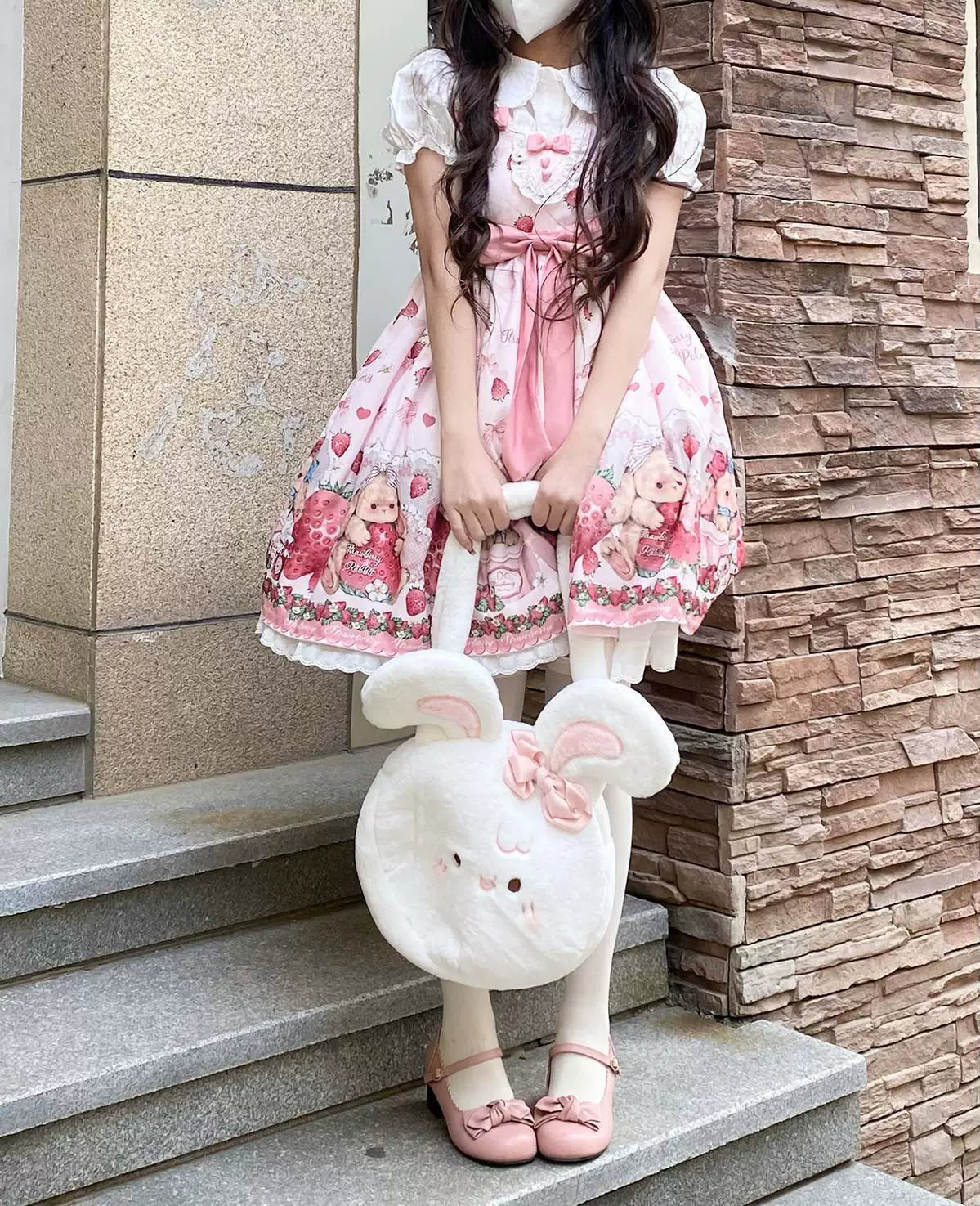 Sweetheart Dream Machine - Falling Rabbit Berry Gift Box - Pink JSK Dress with Rabbit-and-Strawberry Print