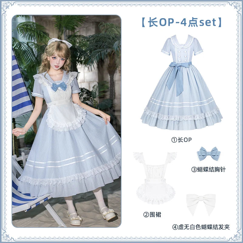 With PUJI - Seven-Day Bell - Blue Classic Lolita Striped OP Dress, Sailor Collar detail view 7