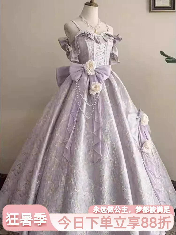 Light purple Lolita formal gown with off-the-shoulder ruffled sleeves and appliquéd rose details