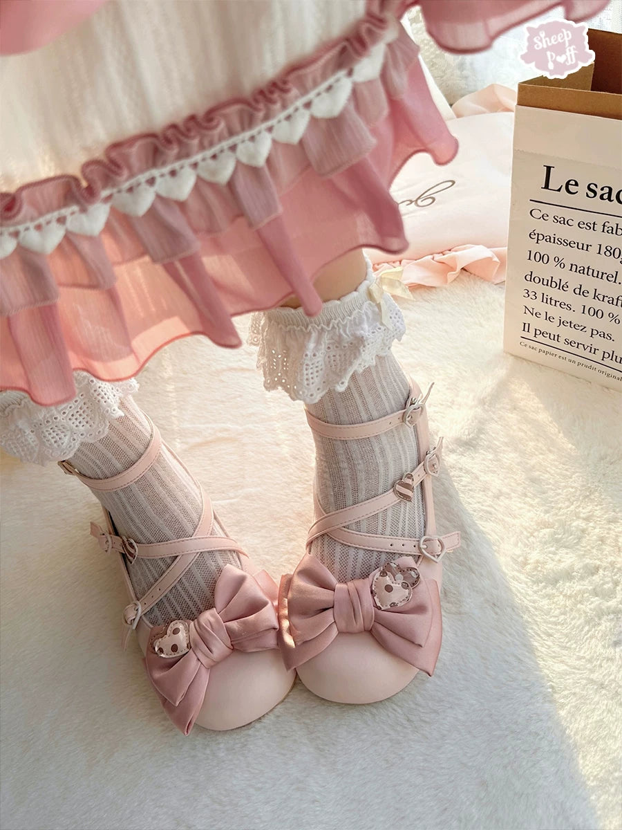 Sheep Puff Sweetheart Bubble Mid Heel Lolita Shoes featuring pink and white design with heart-shaped embellishments and bow accents.