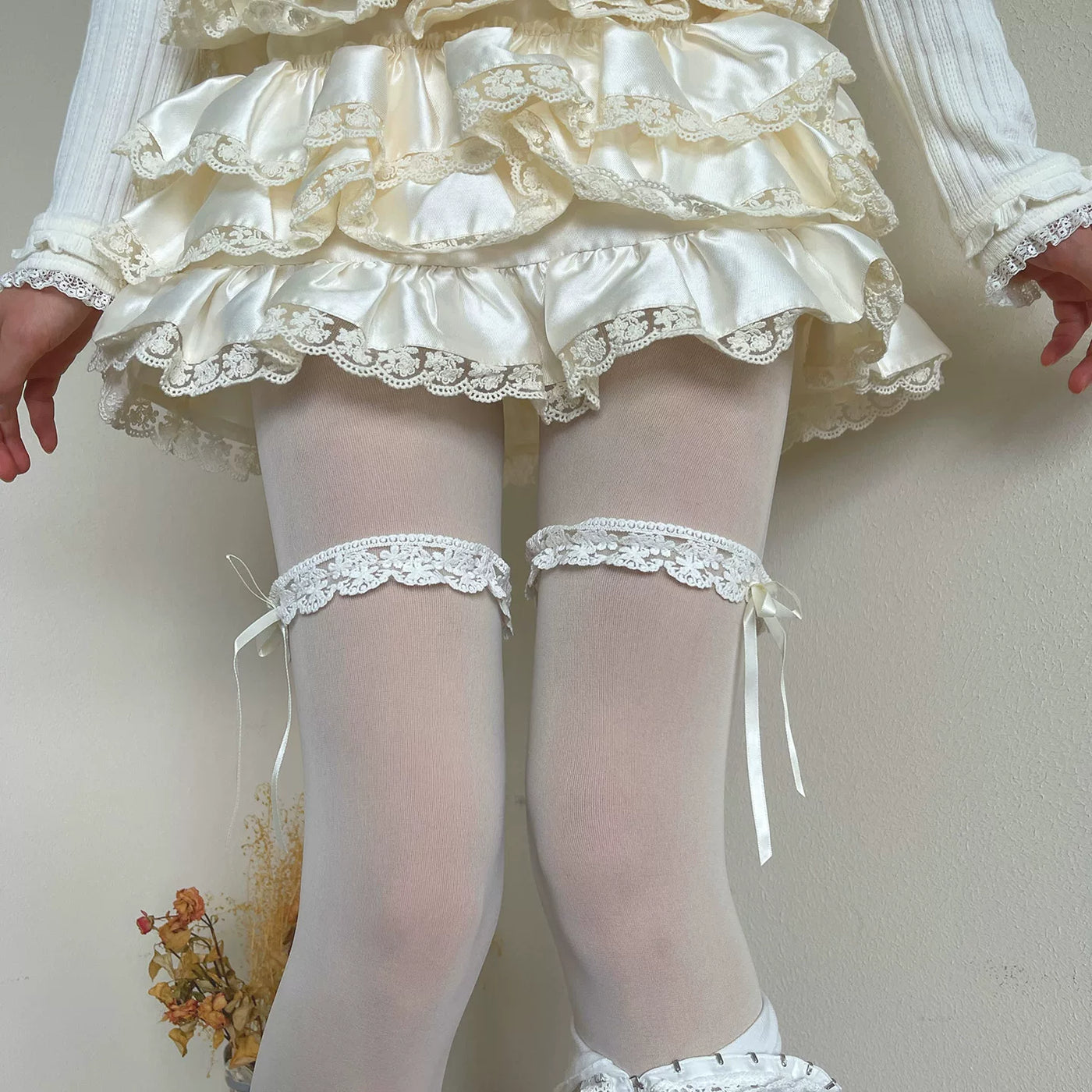 Sock Noble - White Lace Layering - Tights and Mid-Calf Socks with Vertical Stripes